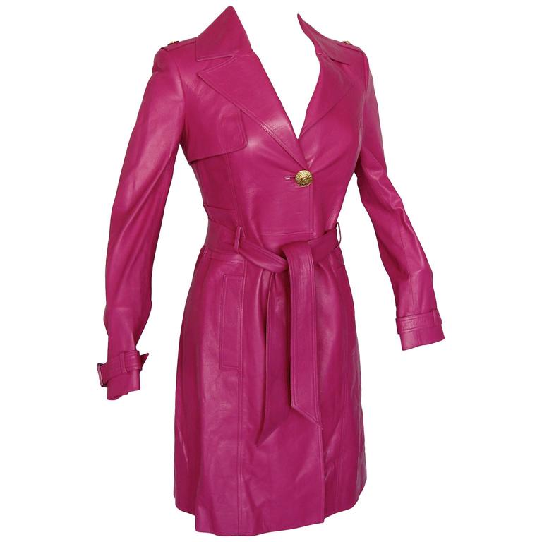 Versace Magenta Leather Coat with Belt + Medusa Buttons Trench Style Sz ...