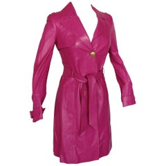 Versace Magenta Leather Coat with Belt + Medusa Buttons Trench Style Sz 40 2011