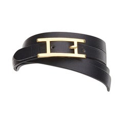 HERMES Behapi Double Tour black leather GHW H buckle wrap bracelet