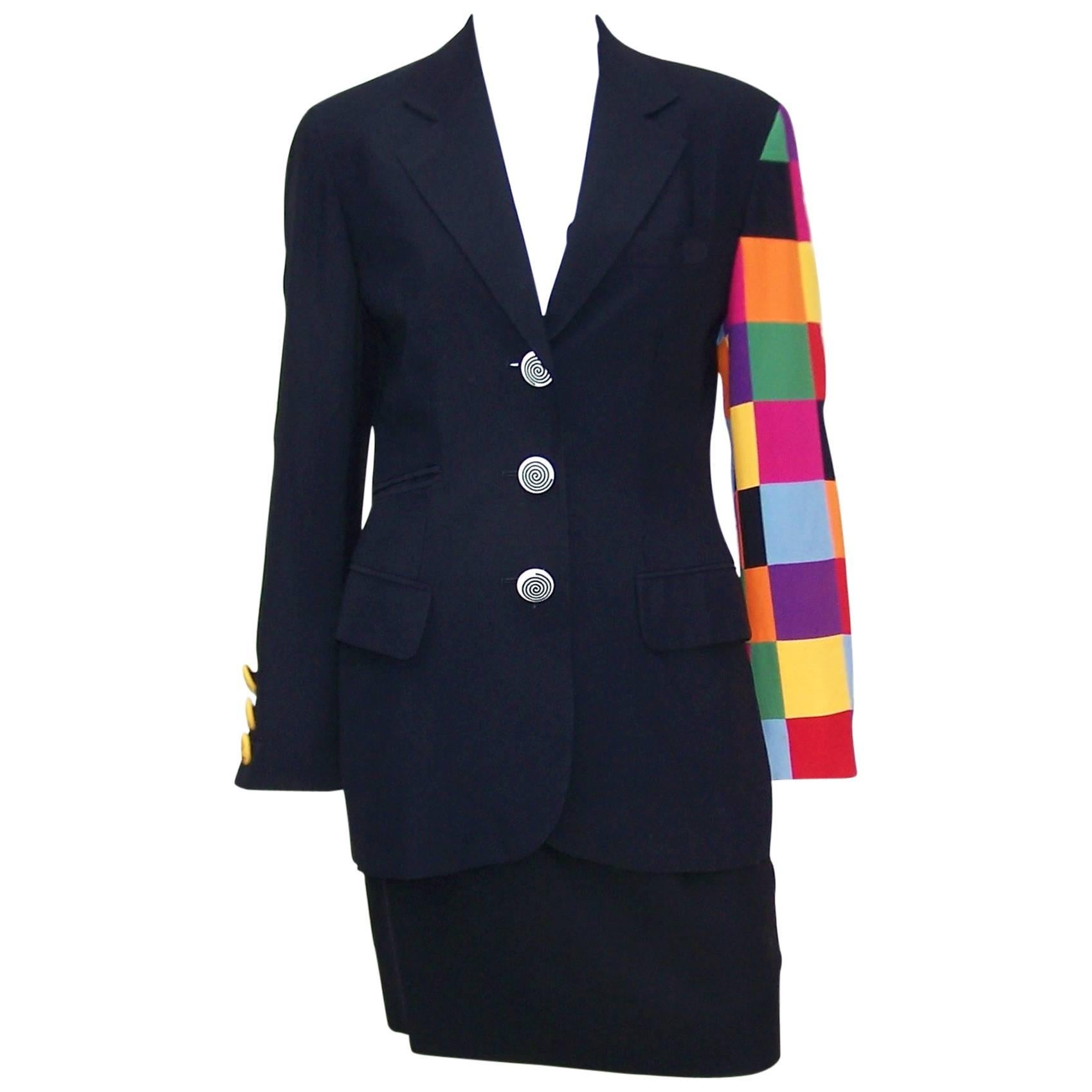 C.1990 Moschino Couture Whimsical Colorblock 'Keep Fashion Tidy' Suit