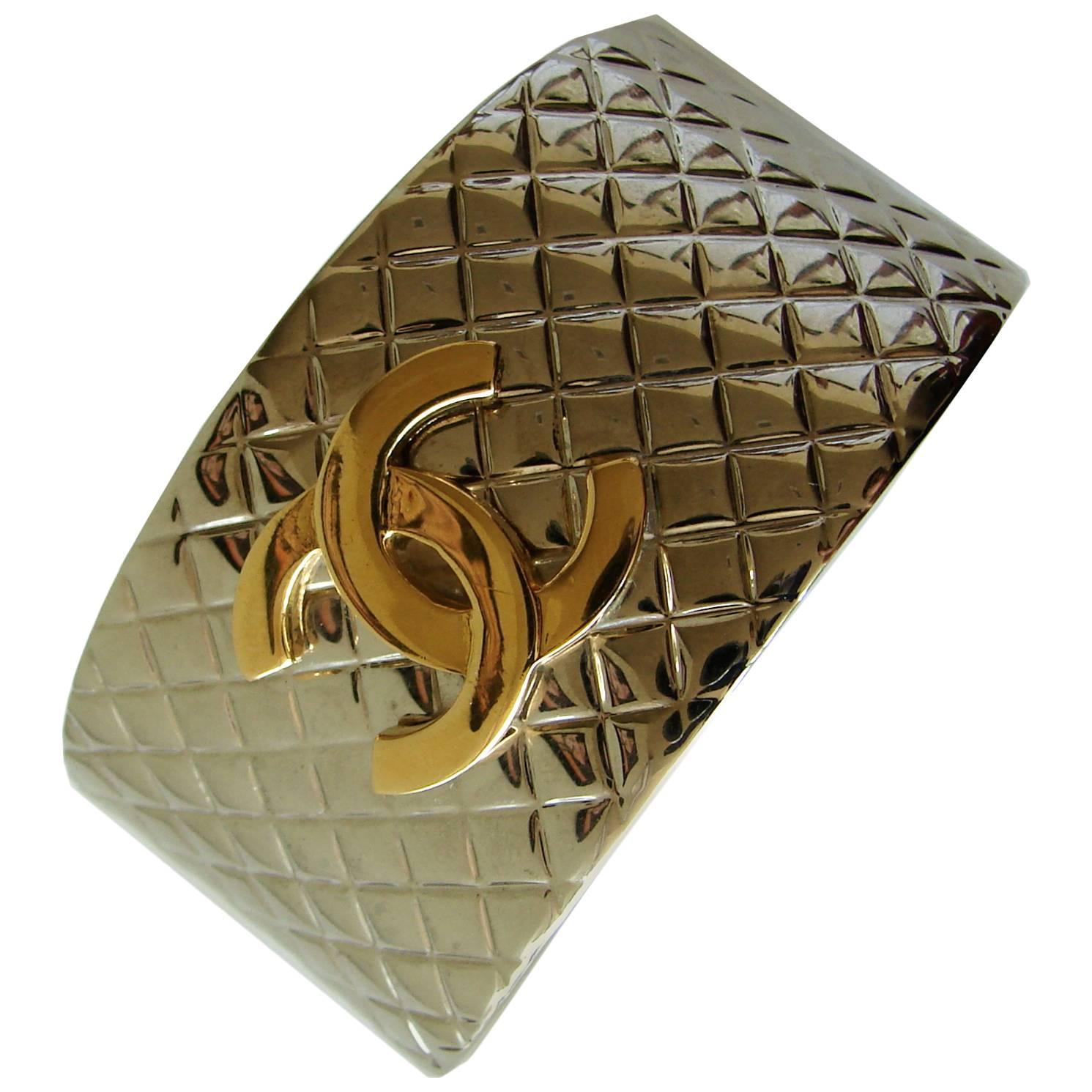 Chanel Silver Matalasse Cuff Bracelet with Gold CC Logo + Box 98P Collection 