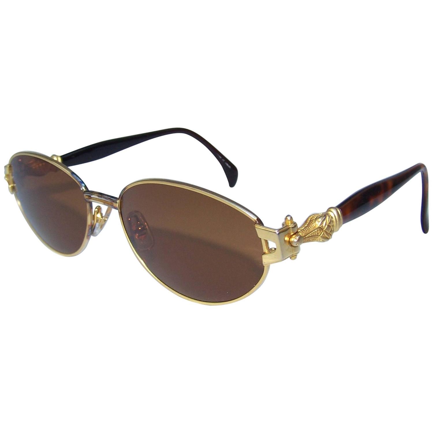 C.1990 Kieselstein Cord Gold Metal and Tortoise Crocodile Sunglasses at 1stdibs
