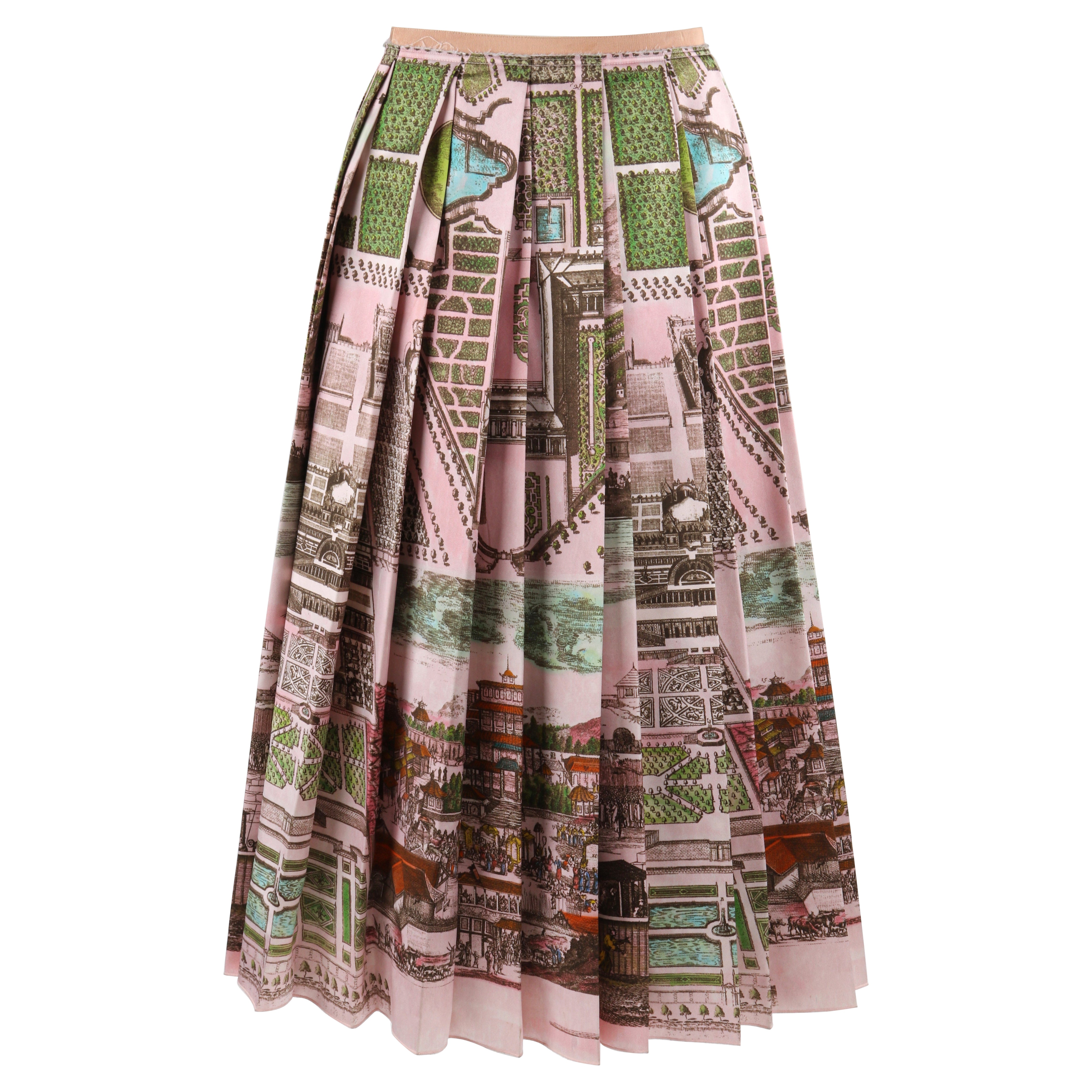 GUCCI F/W 2016 Pink Multicolor Historic Garden Aerial Map Pleated Midi Skirt For Sale