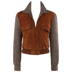 Ralph Lauren, anni '70 circa, Giacca Bomber Blouson in Lana, Tweed, Pelle, Camoscio, Marrone
