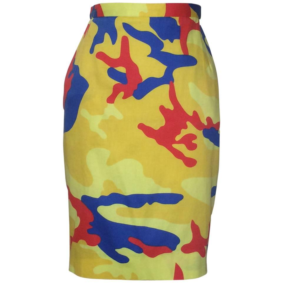 Stephen Sprouse 1980s Warhol Camouflage Print Yellow, Red, Blue Pencil Skirt