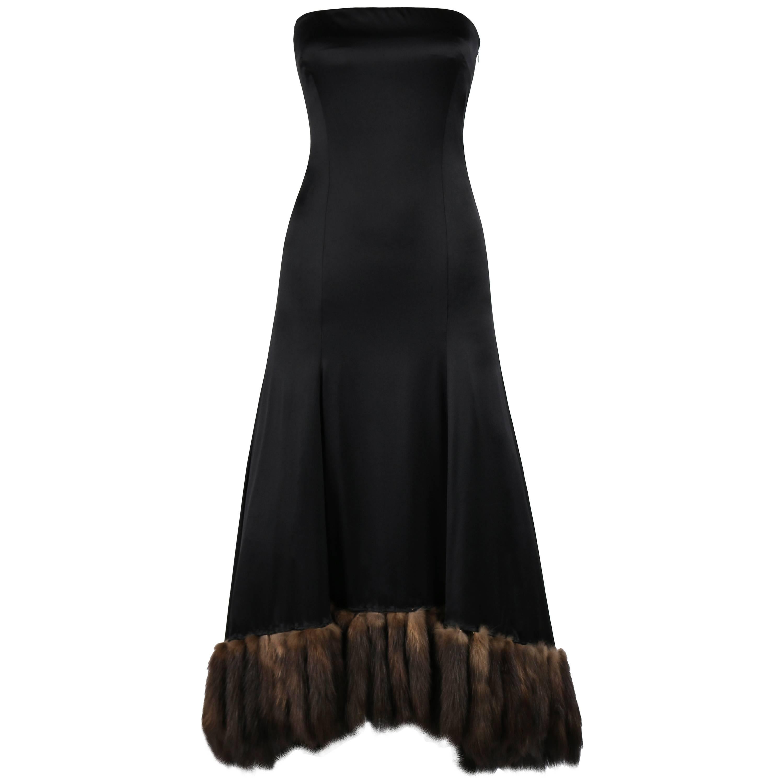 J MENDEL Paris Black Satin Ball Gown Sable Fur Tail Trim Evening Dress XS = 0/2