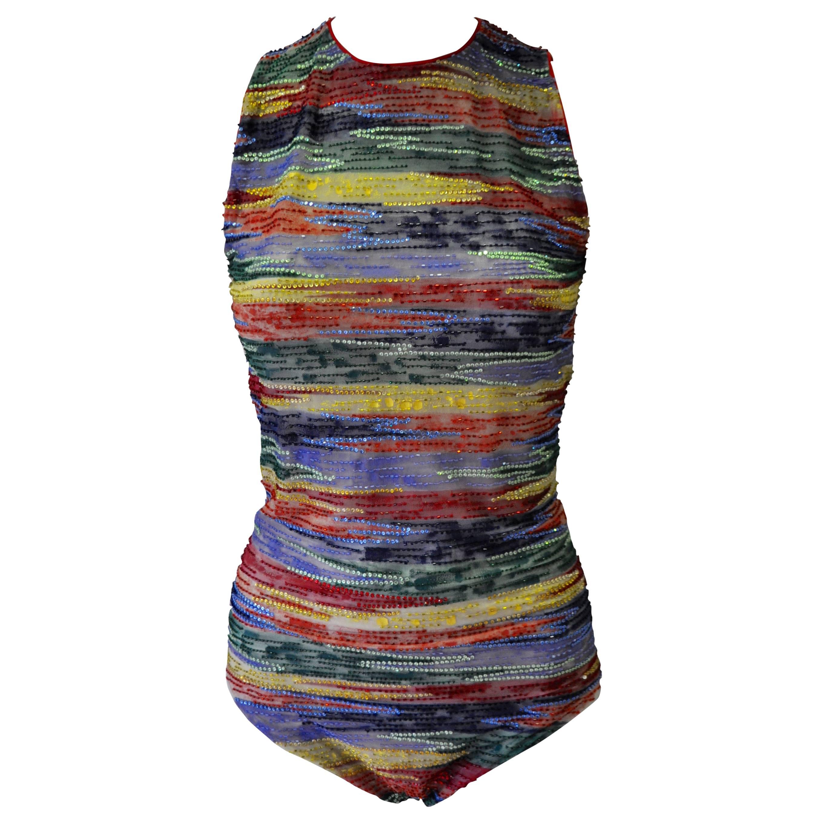 Extremely Rare Gianni Versace Couture Rainbow Embroidered Sequin Bodysuit For Sale