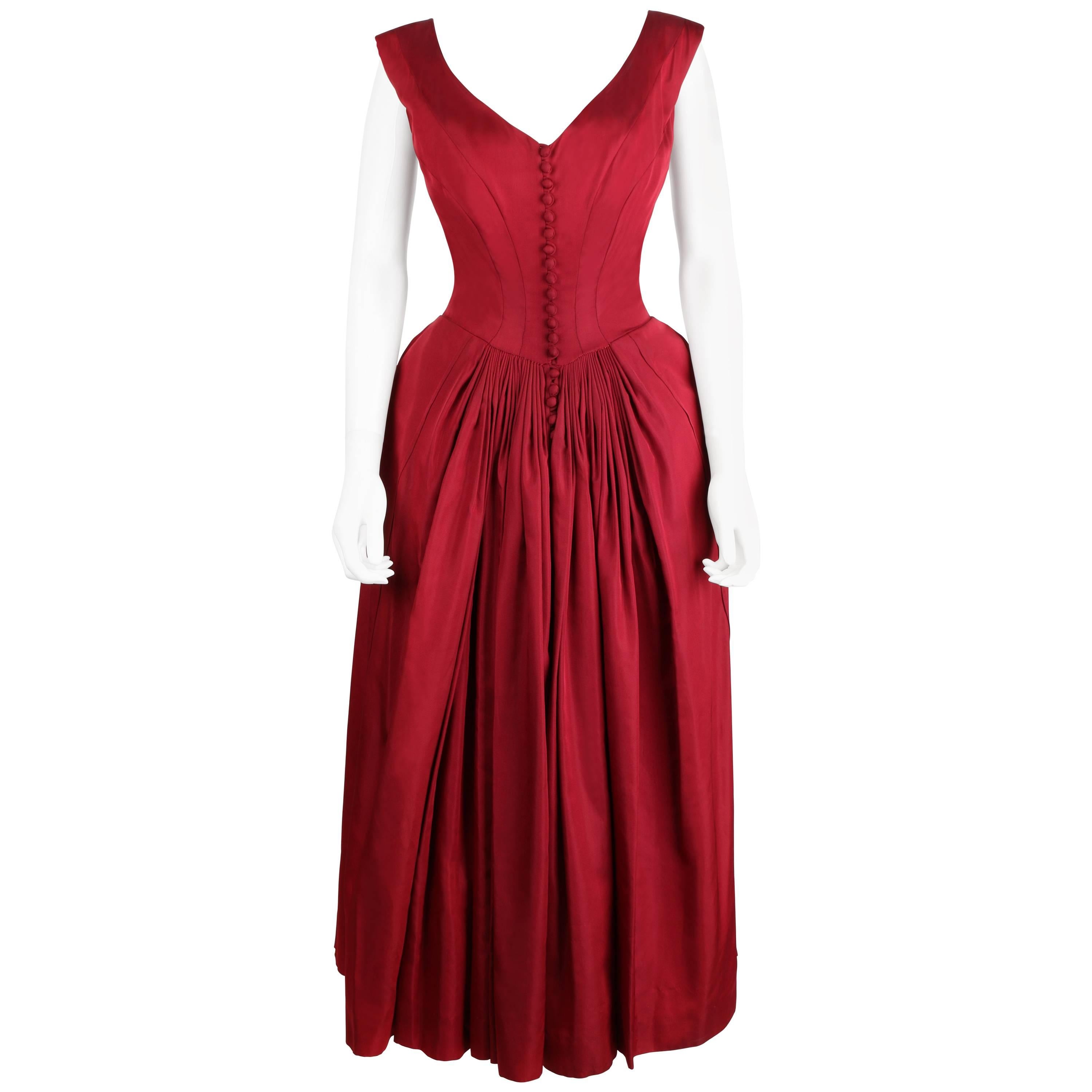 Vtg c.1949 NETTIE ROSENSTEIN Burgundy Red Evening Dress NOS Museum Piece Size S