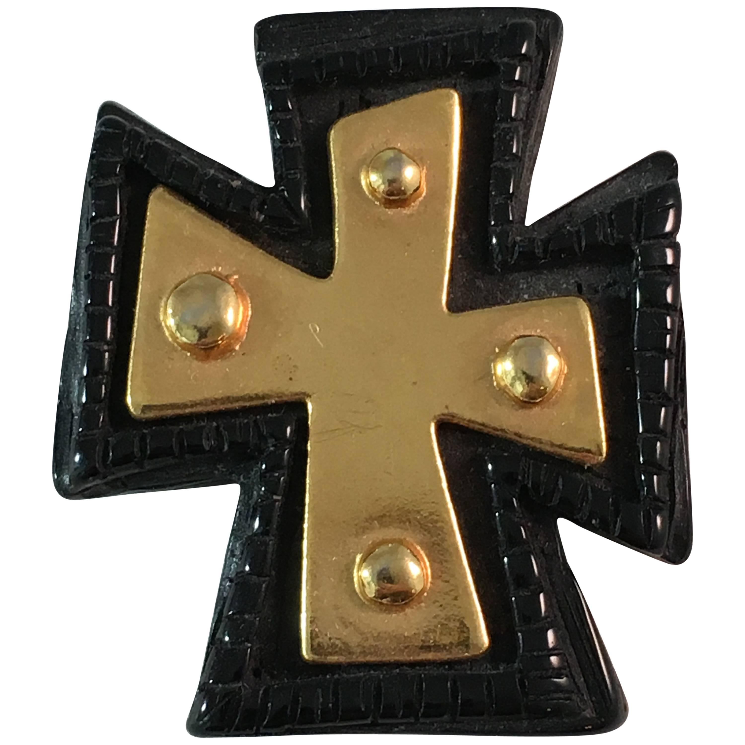 1990s Christian LaCroix Black and Gold Cross Brooch For Sale