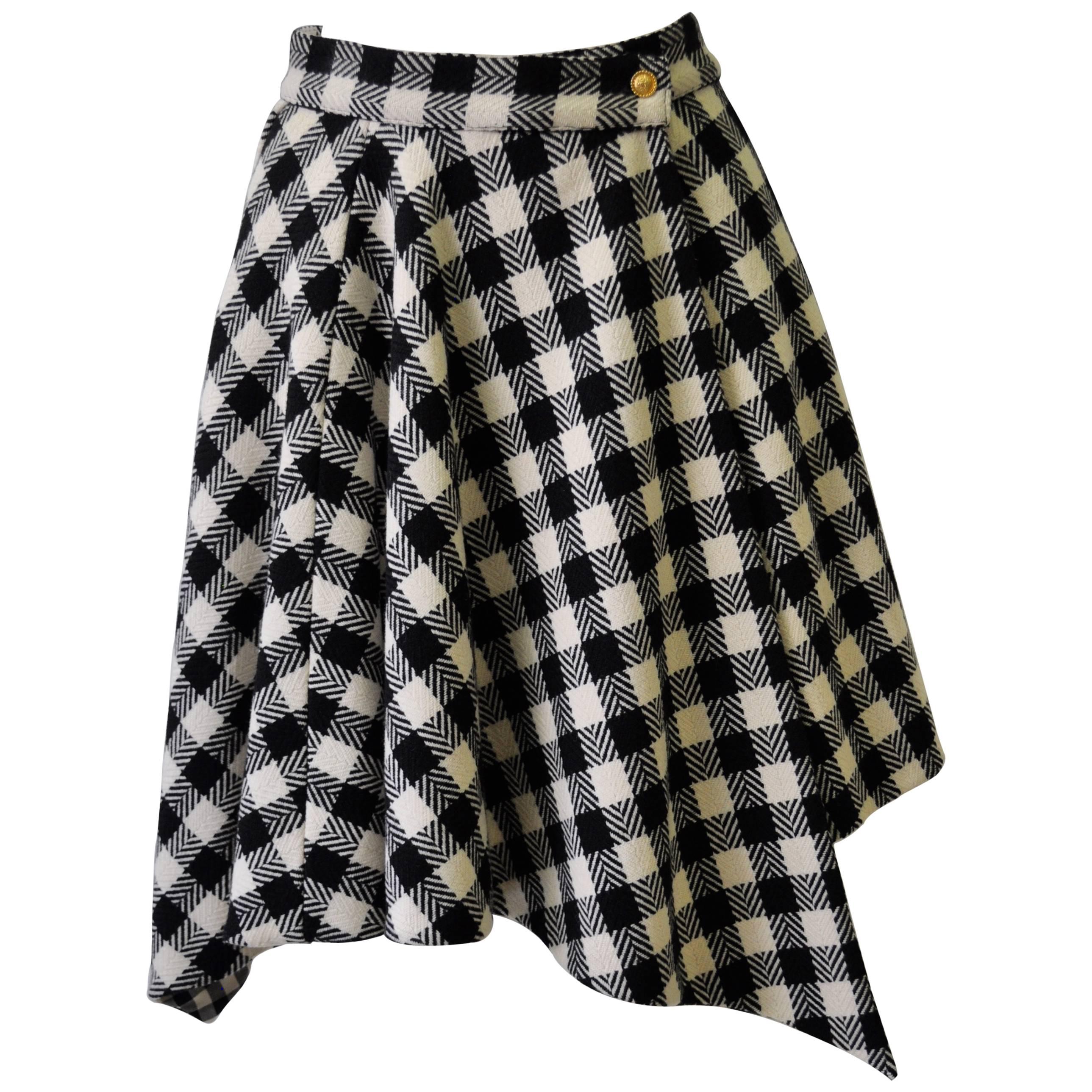 Rare Gianni Versace Couture Checked Asymmetrical Wool Wrap Skirt For Sale