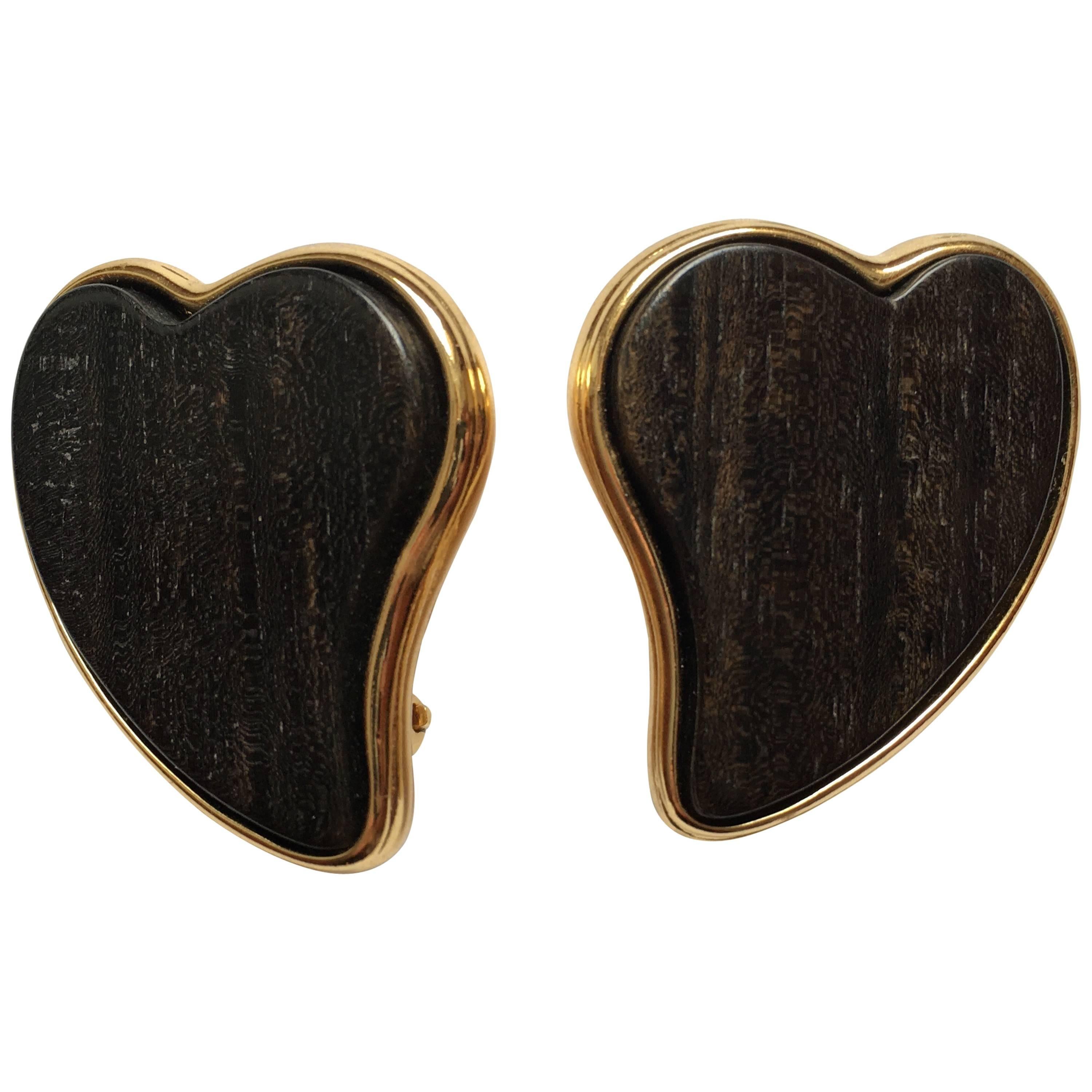 1980s Yves Saint Laurent Wooden and Goldtone Heart Earrings