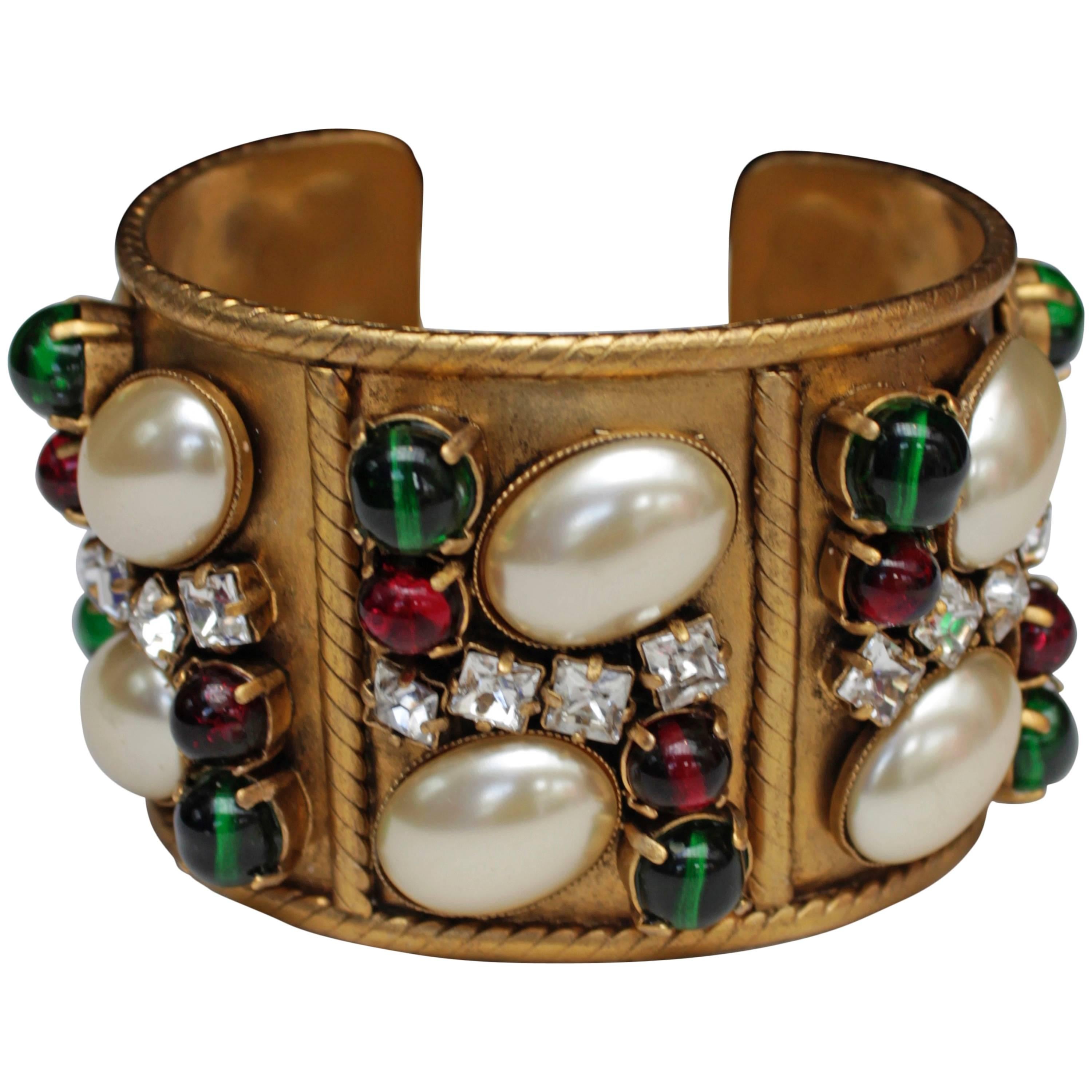 Early 1990s Chanel Gilt Cuff and Green and Red Glass