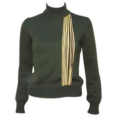 Retro C.1990 Byblos Army Green Turtleneck Sweater With Op Art Yarn Details