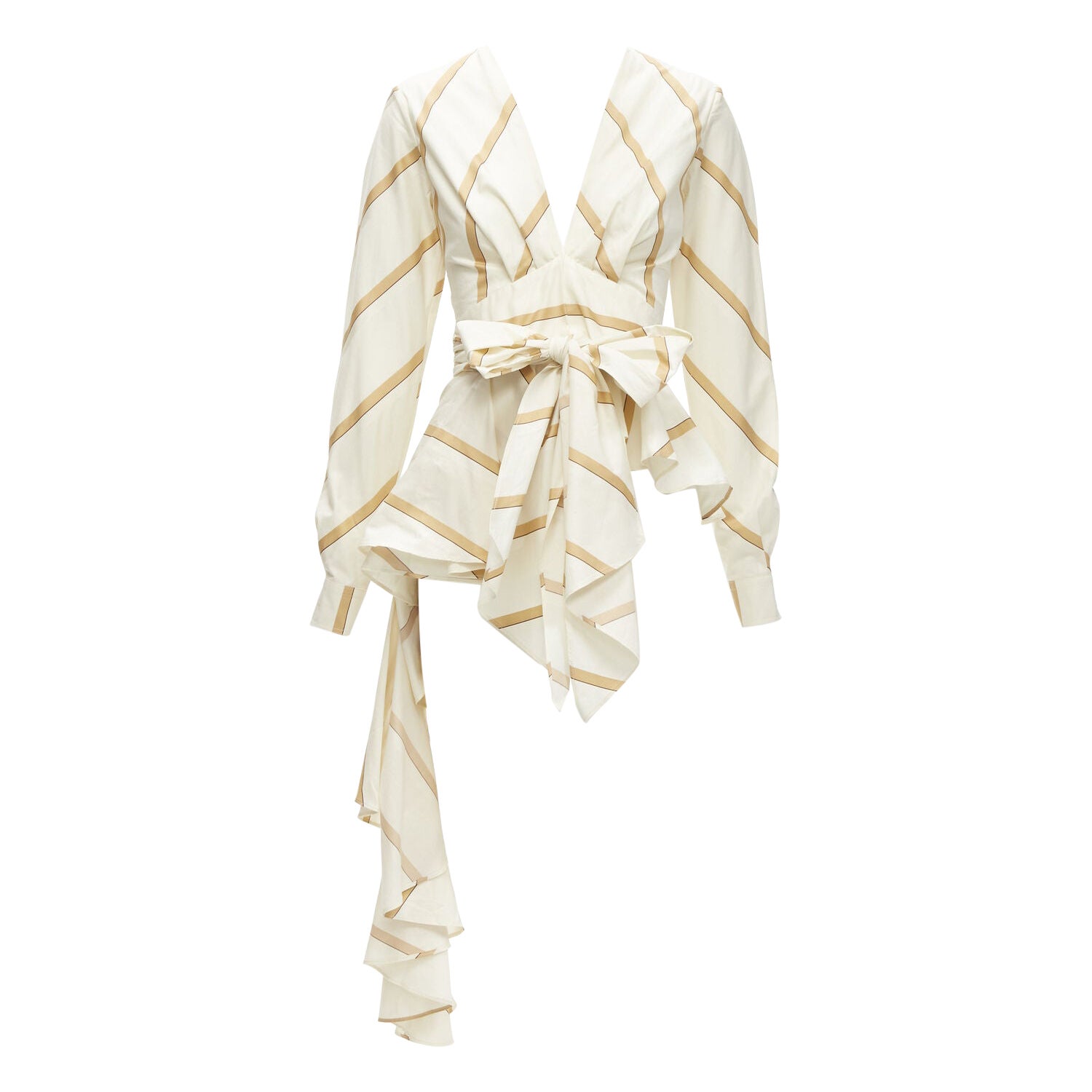 JOHANNA ORTIZ Party Wave beige brown striped cotton tie belt blouse US0 XS For Sale