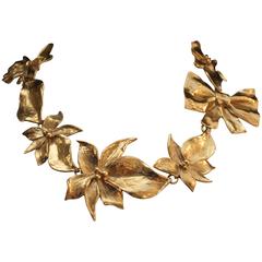 Vintage 1980s Jean-Louis Scherrer Flowers Gilt Metal Necklace