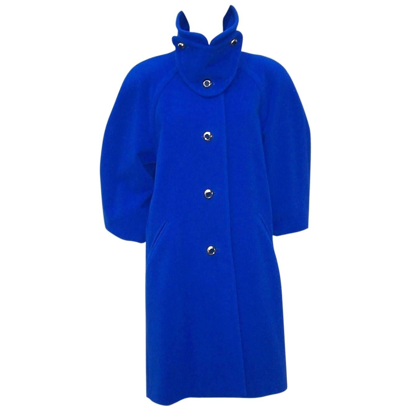 1980's Escada Electric Blue Cocoon Coat With Bib Closure & Gold Buttons