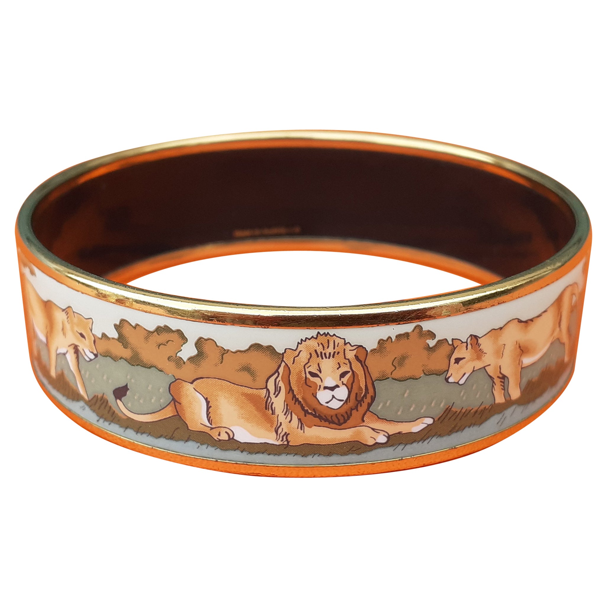 Hermès Enamel Bracelet Lions and Lionesses Large Gold Hdw Size GM 70
