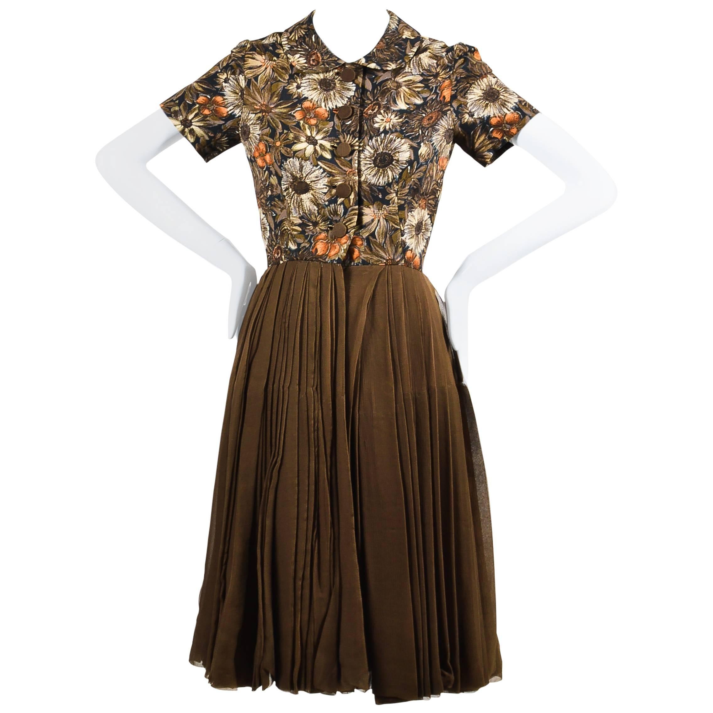 Henri Bendel Olive Green Pleated Brown Floral Print Collared SS Dress For Sale