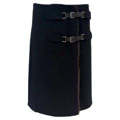 1990s Prada Angora Mink Leather Buckle Skirt 