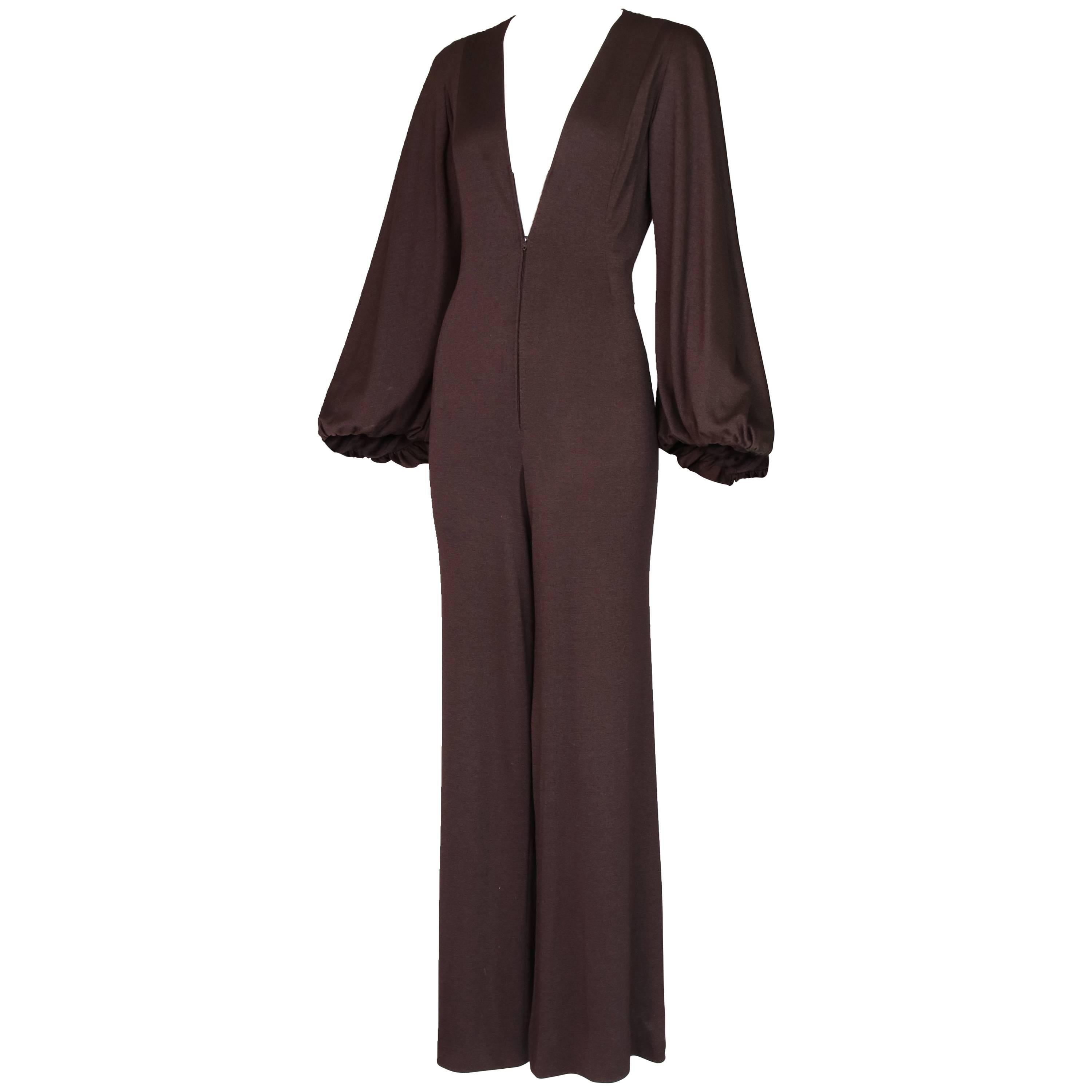 1970's Pauline Trigere Brown Jersey Frontal Zip Jumpsuit