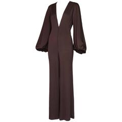 1970's Pauline Trigere Brown Jersey Frontal Zip Jumpsuit 8
