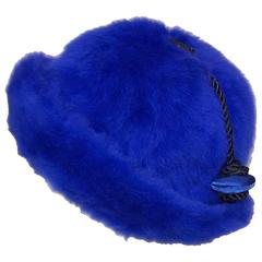 C.1960 French Faux Fur Electric Blue Bowler Style Hat With Silk Tassel