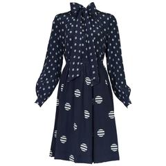 1970's Donald Brooks Navy Silk Printed Blouse & Skirt Ensemble 10