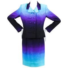 Vintage Karl Lagerfeld Black Blue 
Purple Wool Ombre Effect Skirt Suit SZ 42