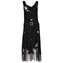 2000's John Galliano Black Bias Cut Evening Dress w/Lace Insets & Belt