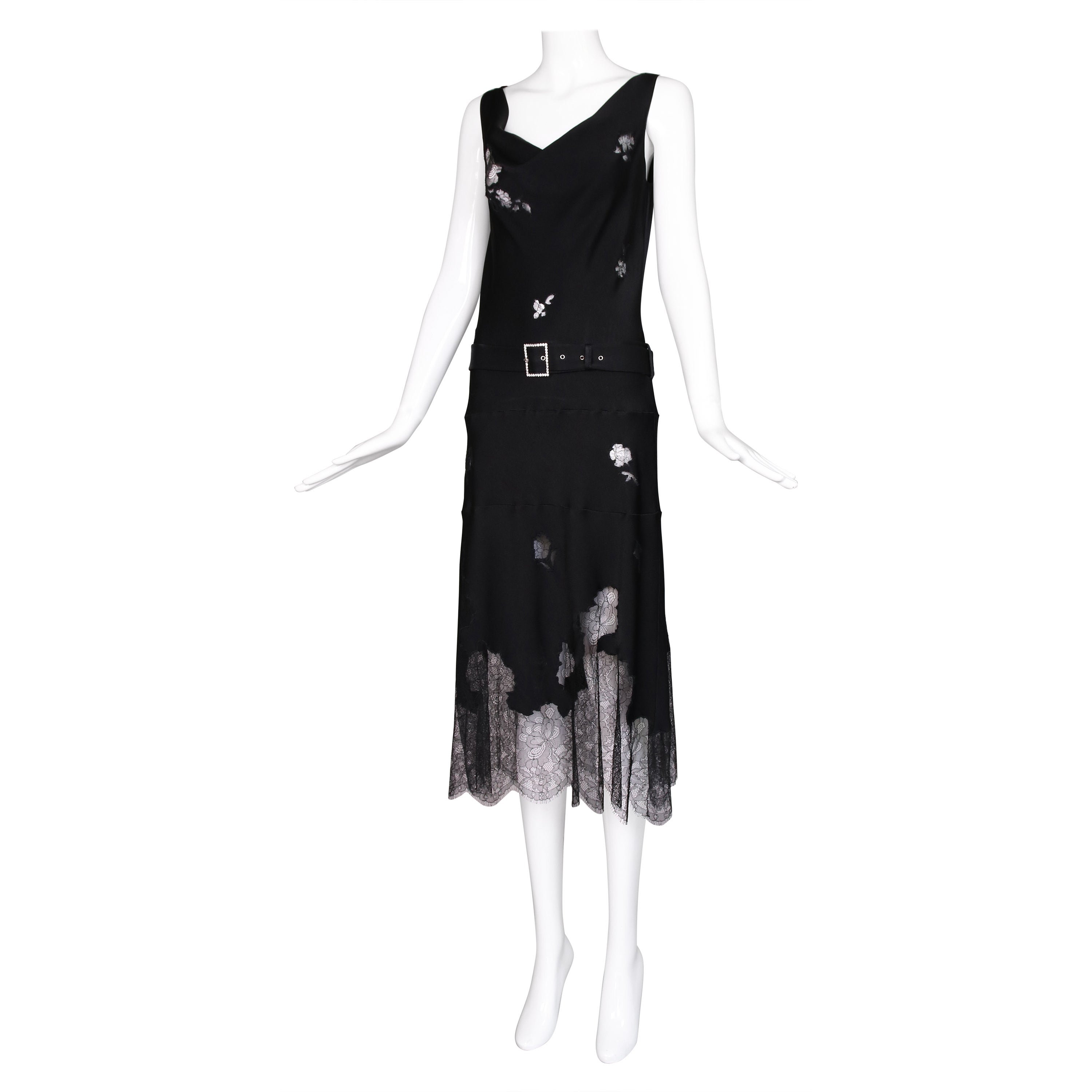2000's John Galliano Black Bias Cut Evening Dress w/Lace Insets & Belt For Sale