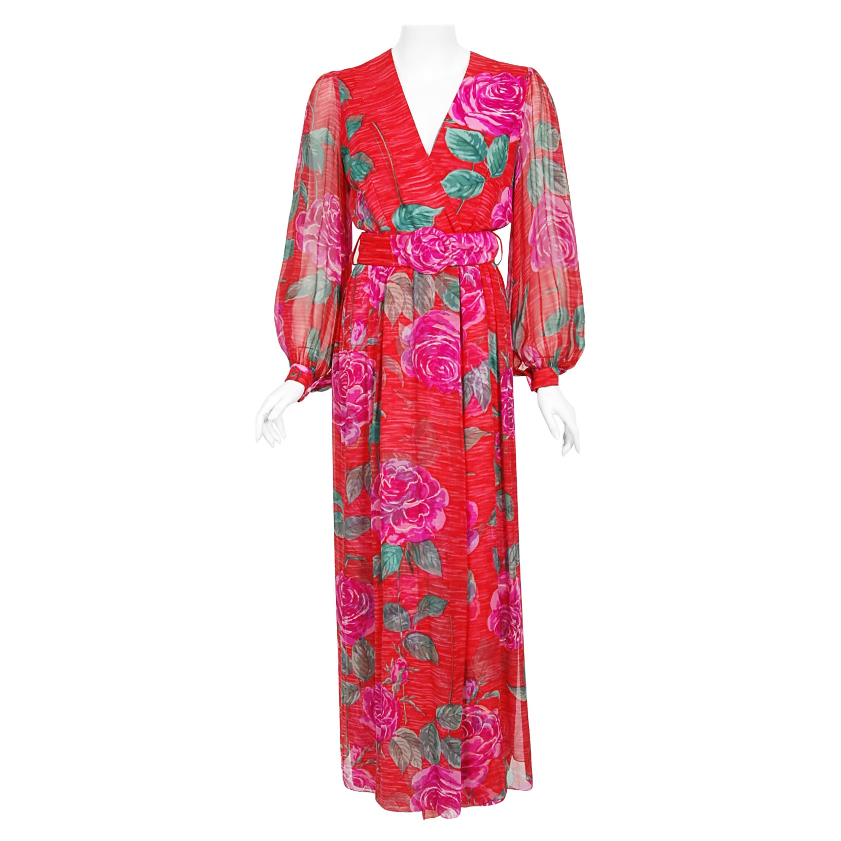 Vintage 1970s Hanae Mori Couture Large-Scale Roses Floral Print Silk Belted Gown
