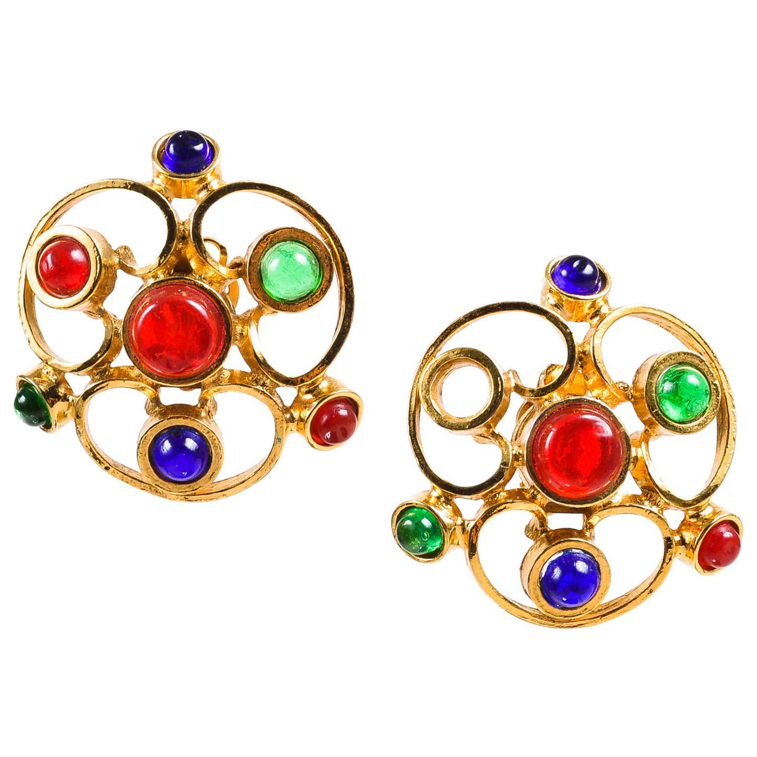 Vintage Chanel Blue Red & Gold Tone Gripoix Glass Stone Clip On Earrings For Sale