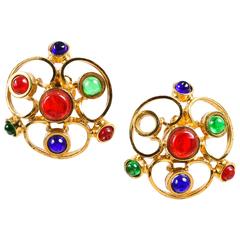 Vintage Chanel Blue Red & Gold Tone Gripoix Glass Stone Clip On Earrings