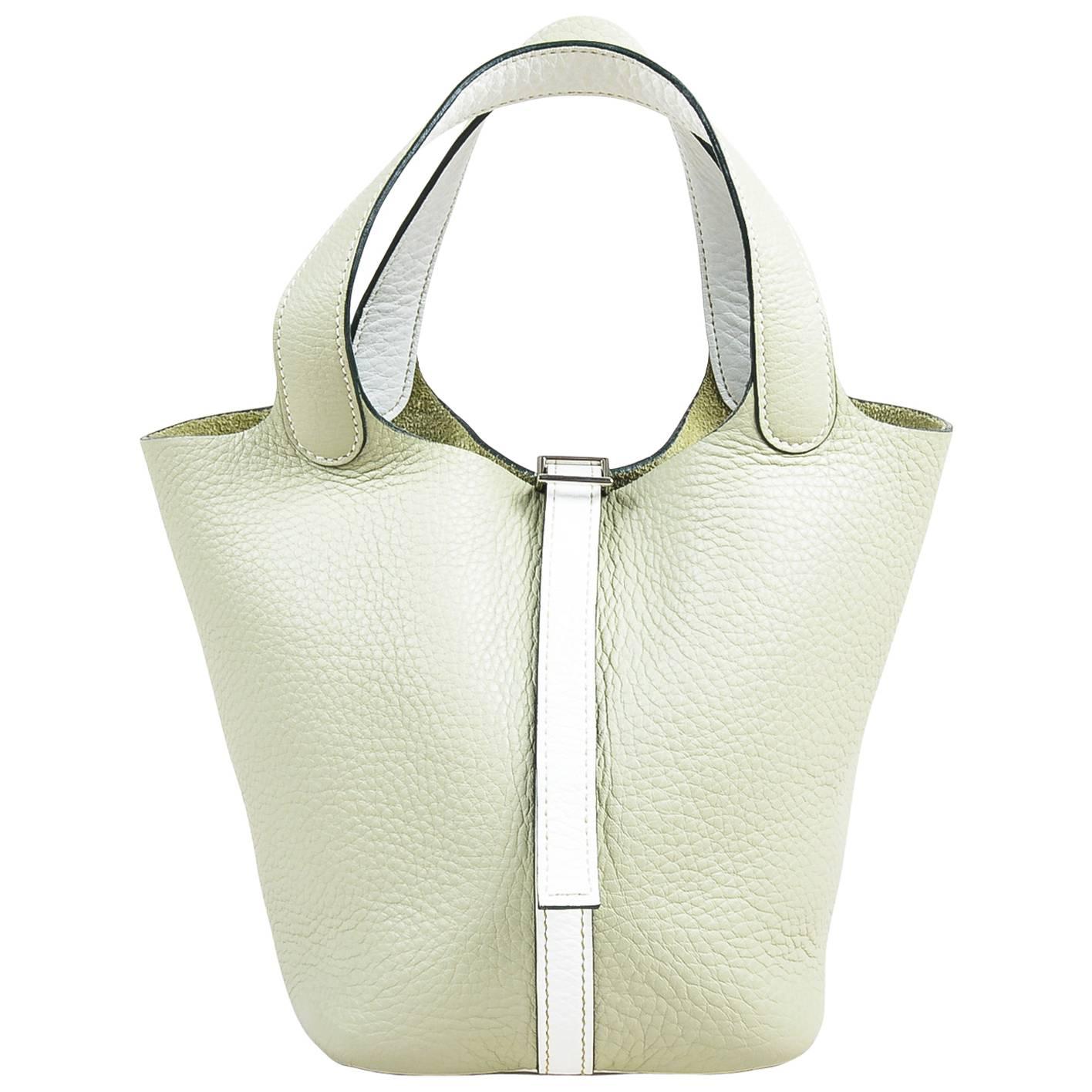 Hermes Pistache Blanc Clemence Leather "Picotin Lock PM" Tote Bag For Sale