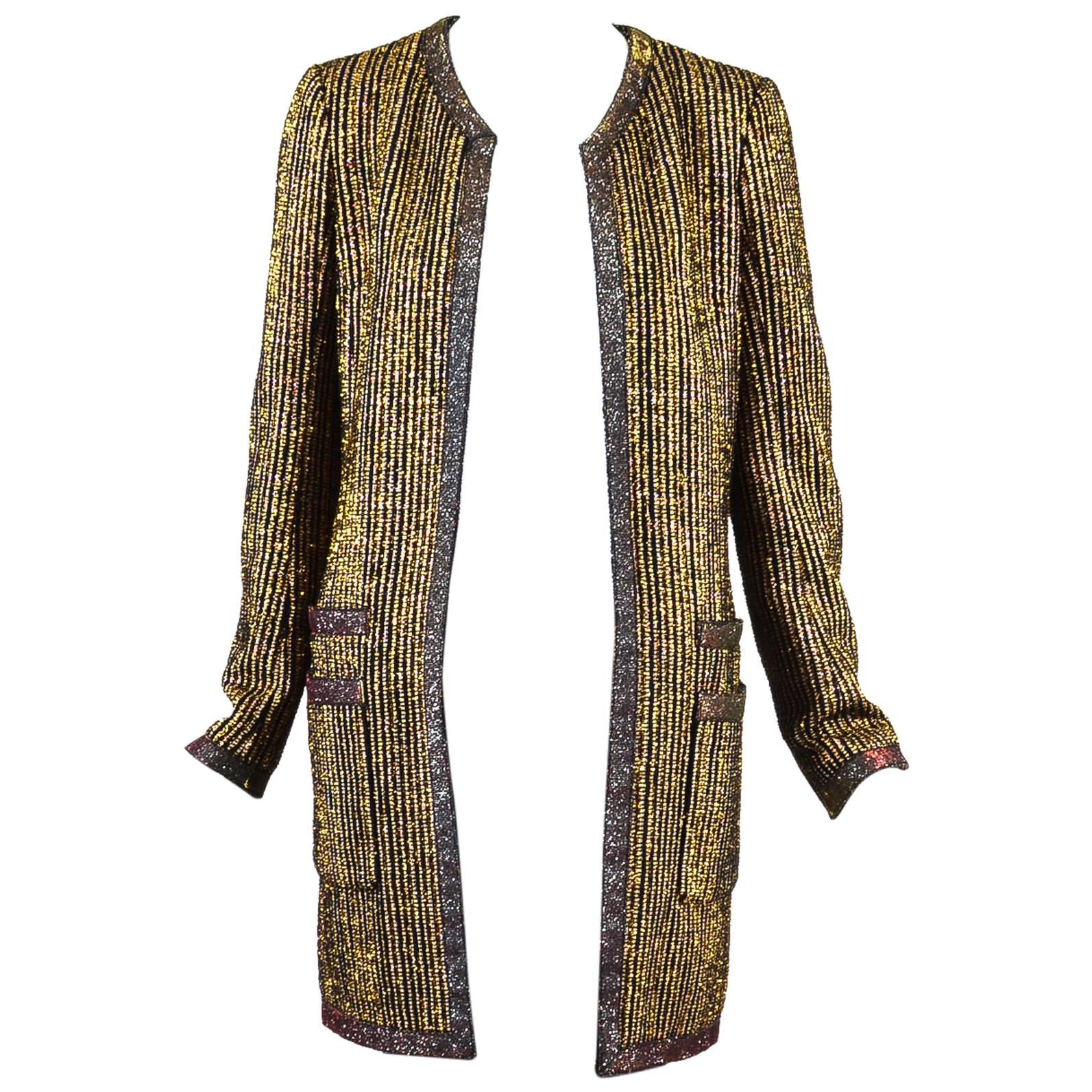 Chanel Gold Metallic Multicolor Stripe Knit Longline LS Jacket SZ 36 For Sale