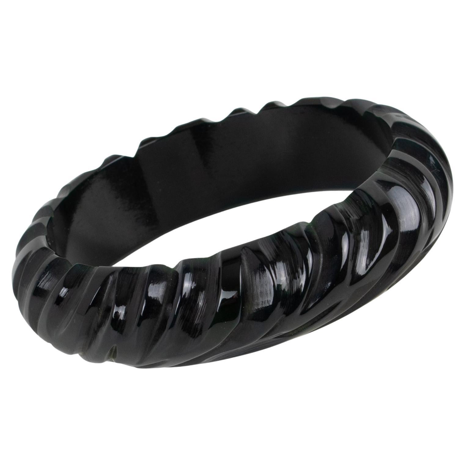 Bakelite Bracelet Carved Bangle Licorice Black For Sale