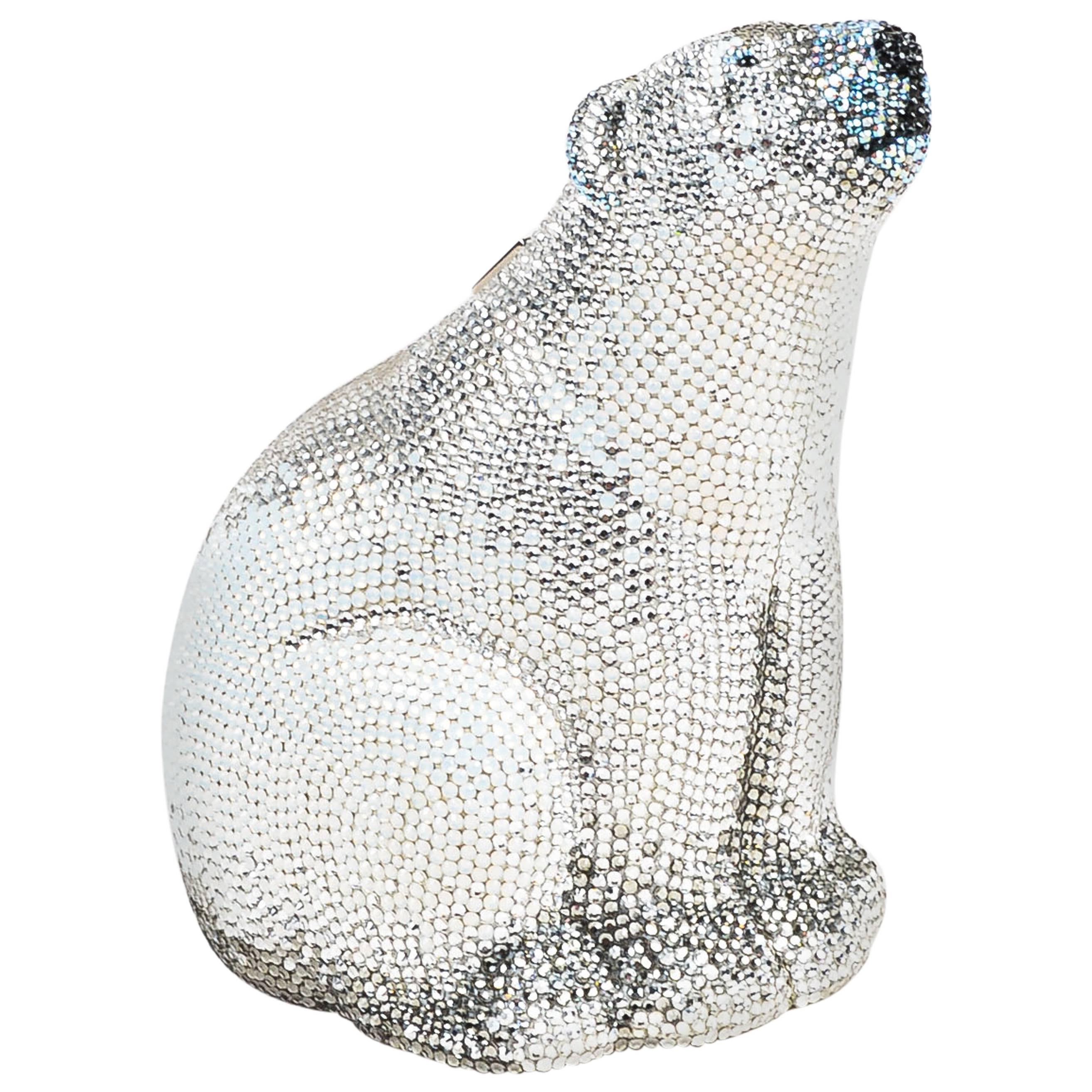 Judith Leiber Couture Silver Rhinestone Polar Bear Chain Strap Clutch Bag