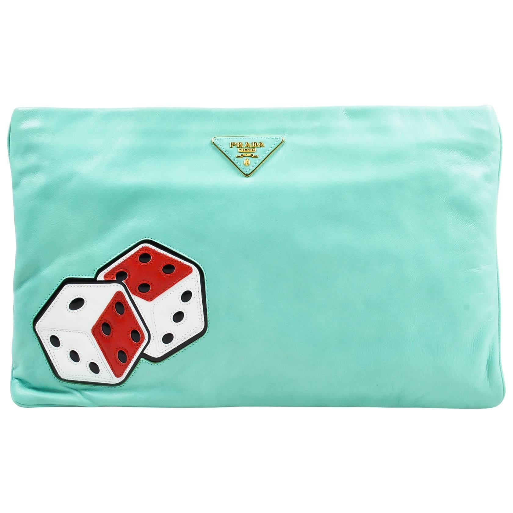 Prada Turquoise Red White Leather Dice Patch Gold Tone Zip Clutch Bag For Sale