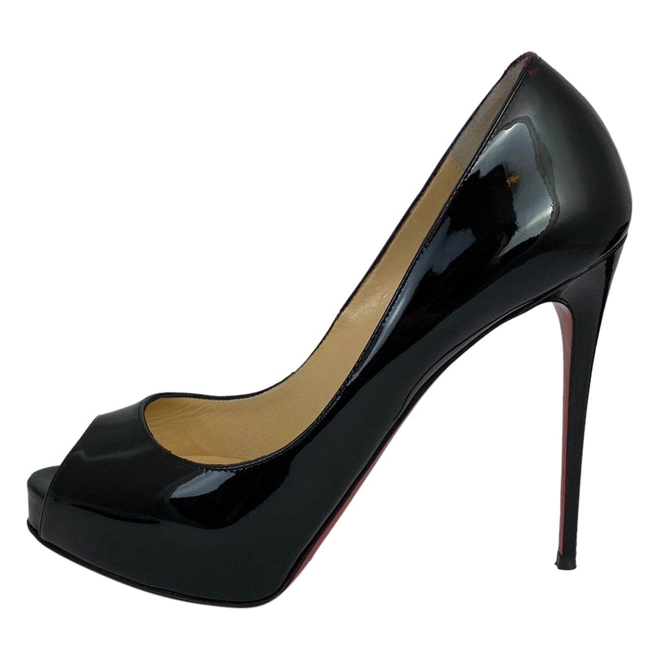 Christian Louboutin EU 37.5 Black Patent Leather Open-Toed Pumps For Sale