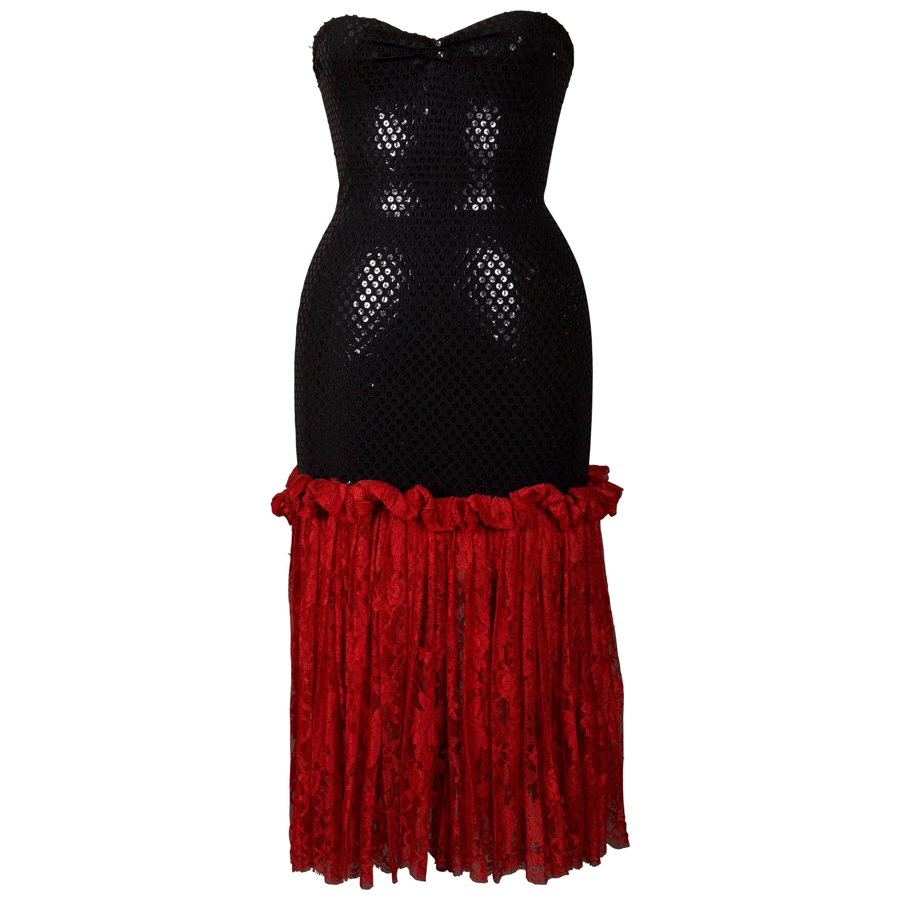 Bastet strapless sequin cocktail dress with red lace skirt, circa late 1970s