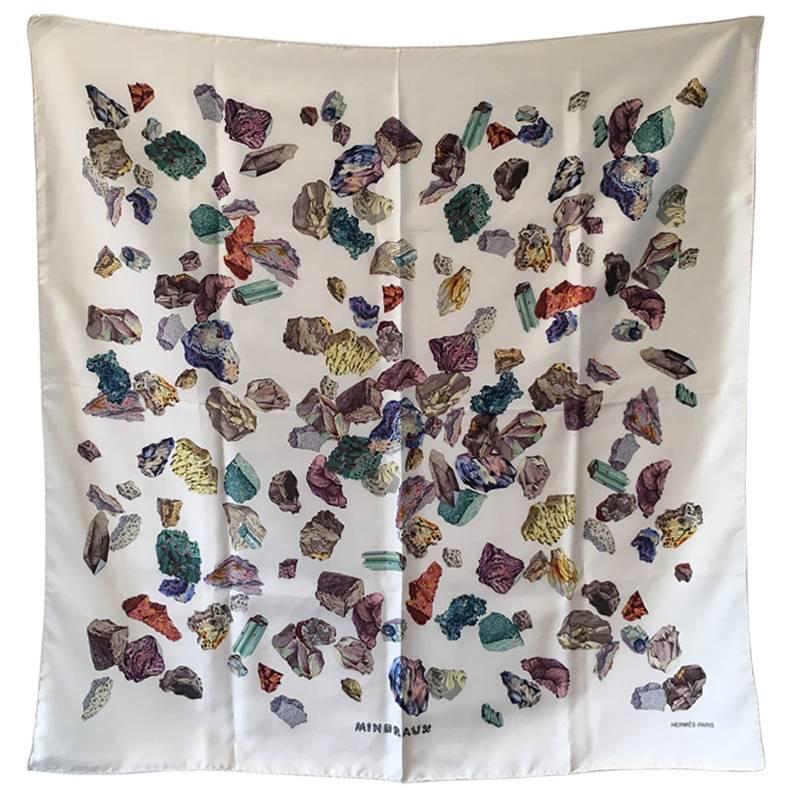 Hermes Vintage Mineraux Silk Scarf in Cream c1950s