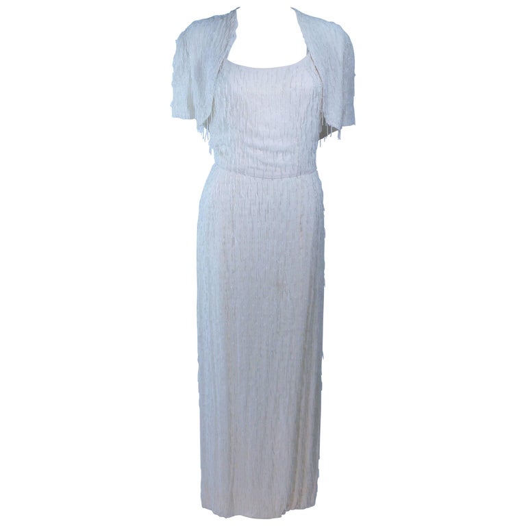 White Vintage Beaded Fringe Gown with Bolero Size 10 For Sale at 1stDibs | beaded  fringe white dress, white fringe gown