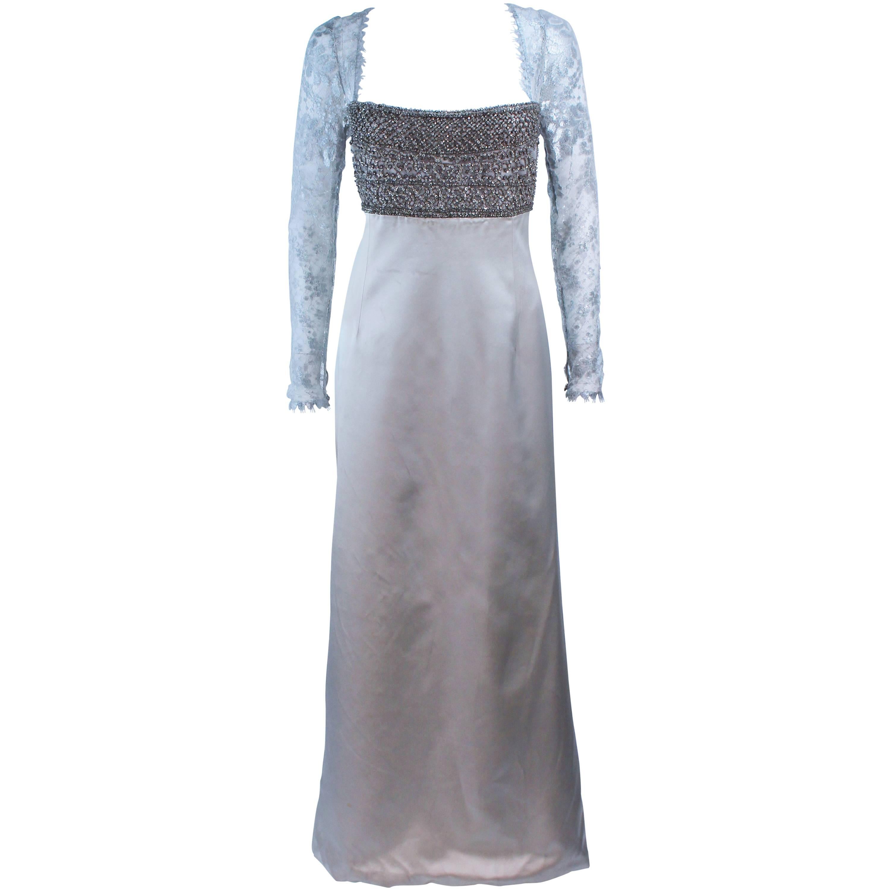 BADGLEY MISCHKA Silver Beaded Lace and Satin Gown Size 10