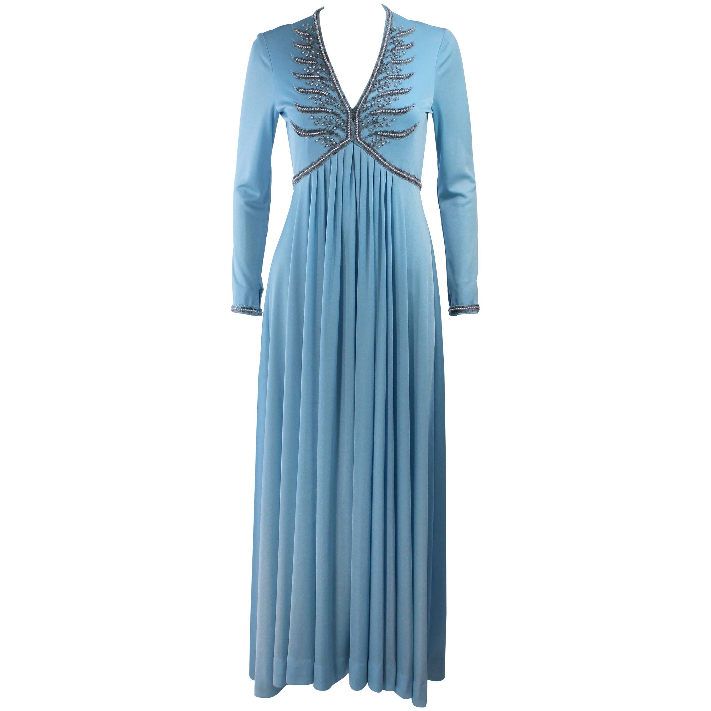 1970's Blue Jersey Gown with Beaded Applique Size Medium 