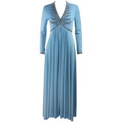 1970's Blue Jersey Gown with Beaded Applique Size Medium 12