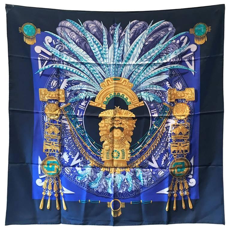 RARE Hermes Vintage Mexique Silk Scarf in Blue 