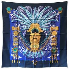 Hermès - Rare écharpe en soie bleue vintage du Mexique