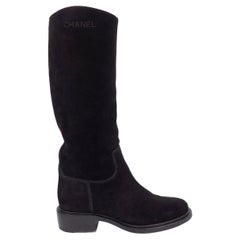 CHANEL black suede 2014 14B Knee High RIDING Boots Shoes 38.5