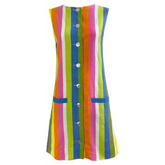 Chic 1960s Colorful Striped Linen Blend Vintage 60s Mod Shift Dress