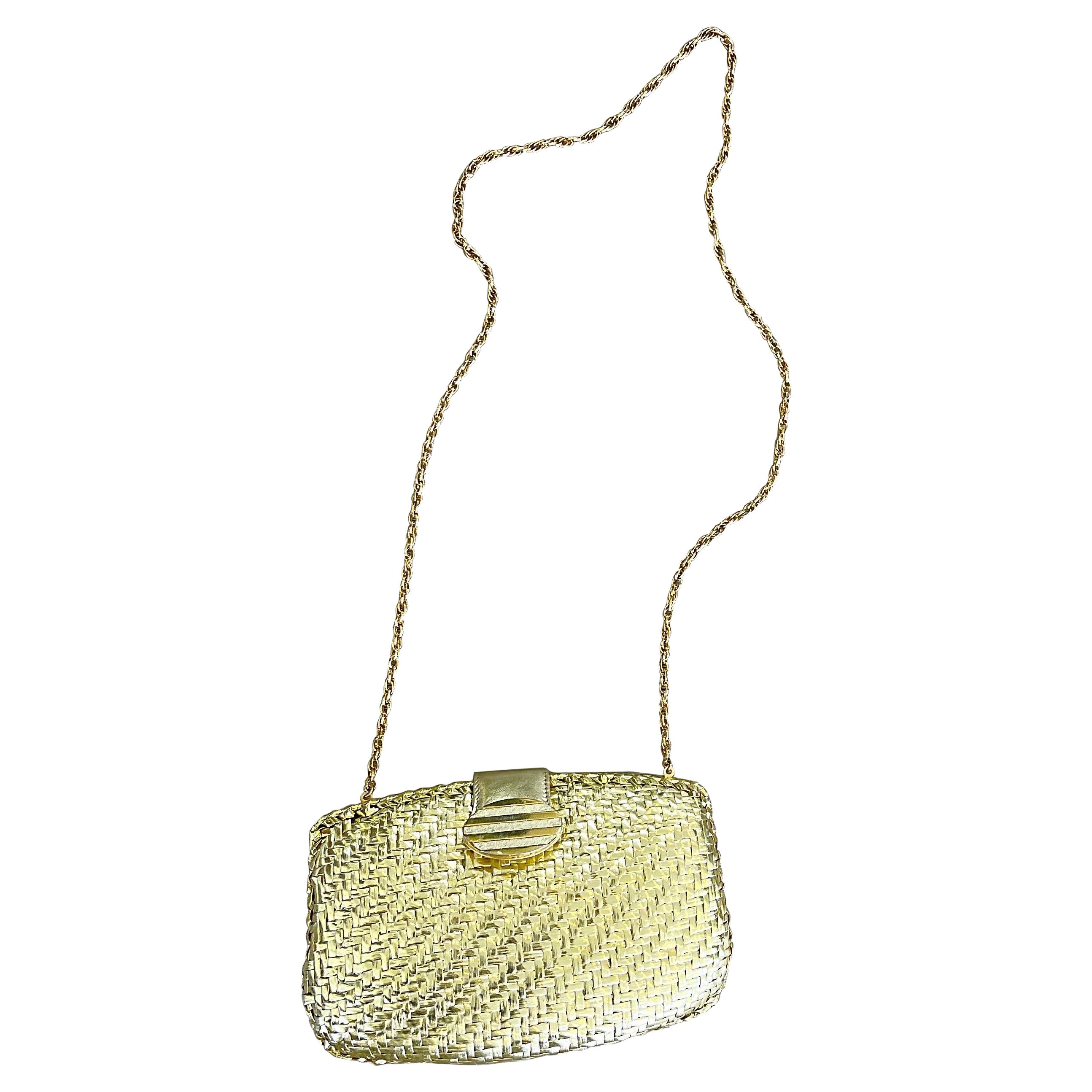 RODO 1980s Gold Wicker Coated Straw Vintage 80s Handbag Crossbody Clutch Bag For Sale